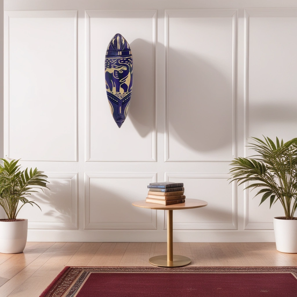 A Nigerian Hand Carved sculpture hung on a white wall