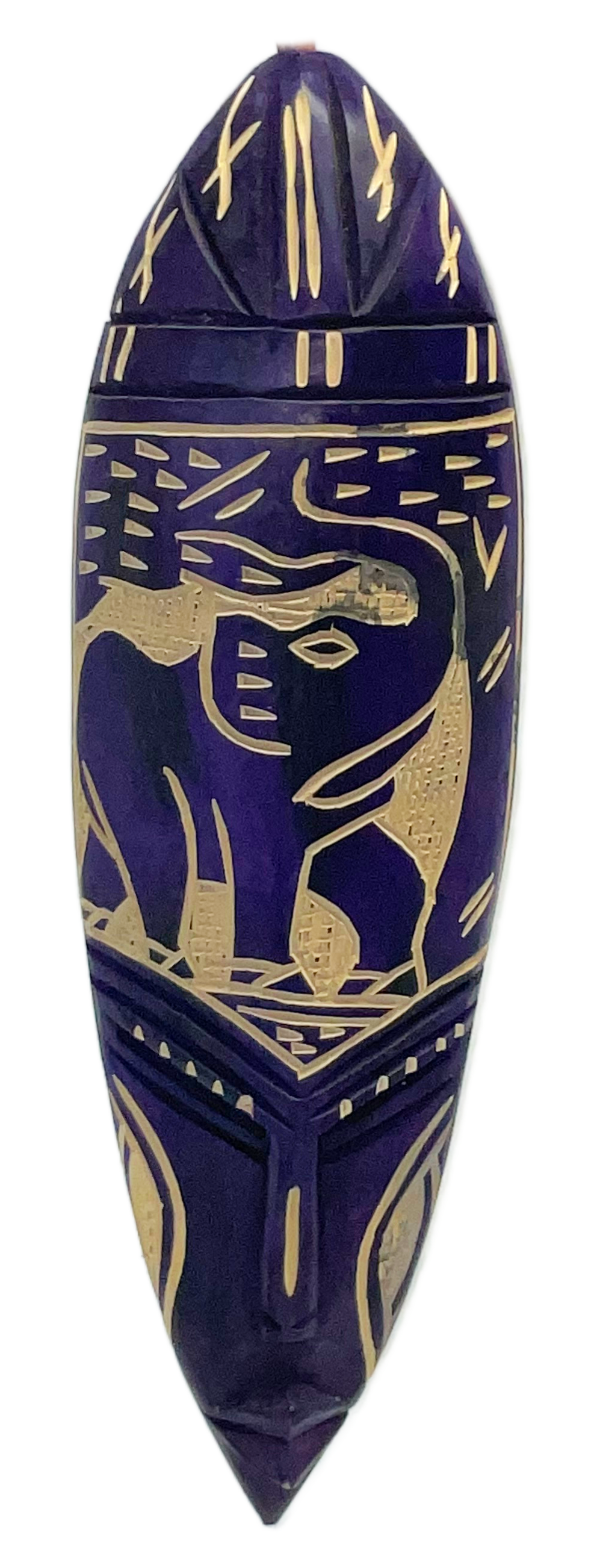 Front view of a Purple and carved Nigerian Sculpture