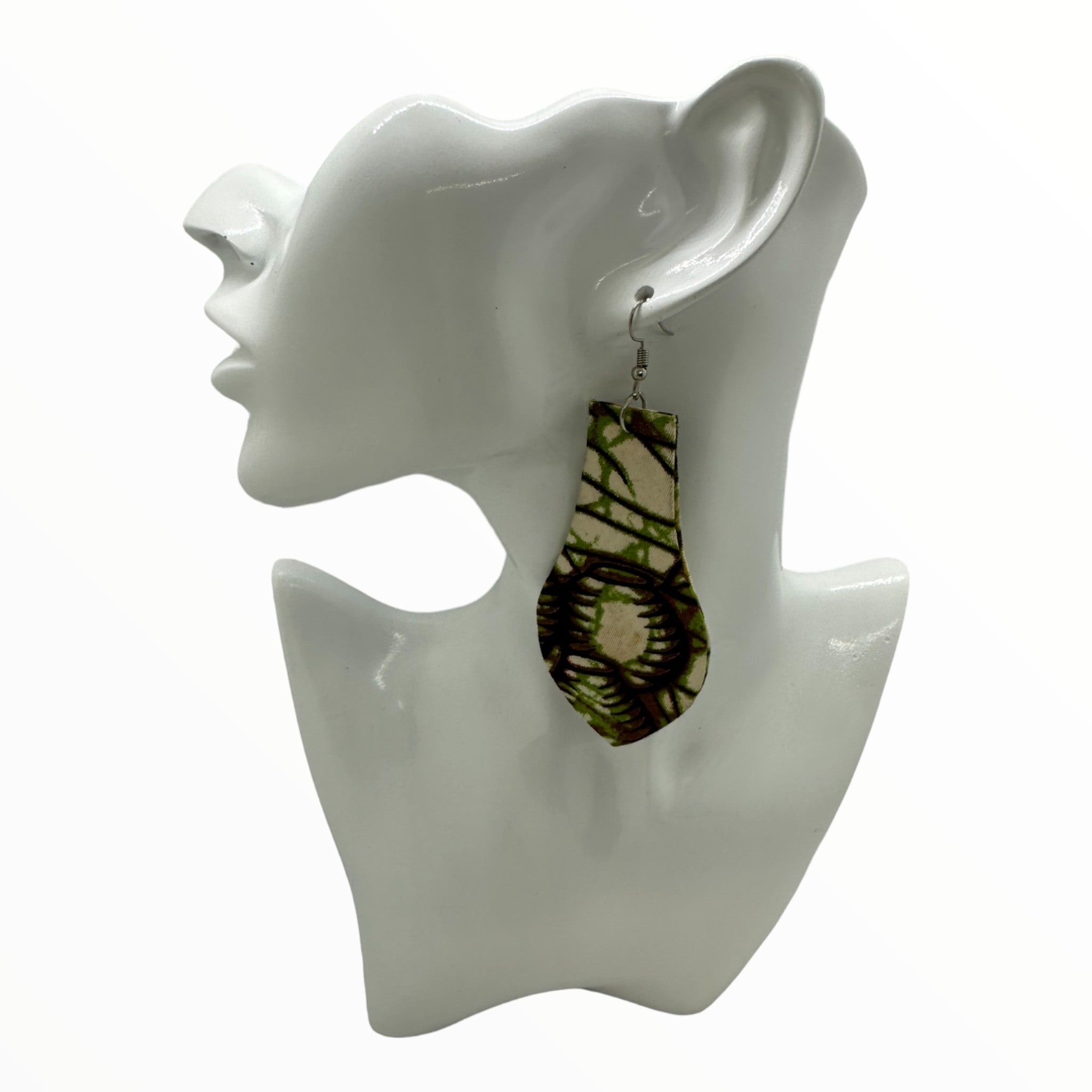 Afrocentric Ankara Fabric Earrings- Light Bulb Shape (brown, cream, green)