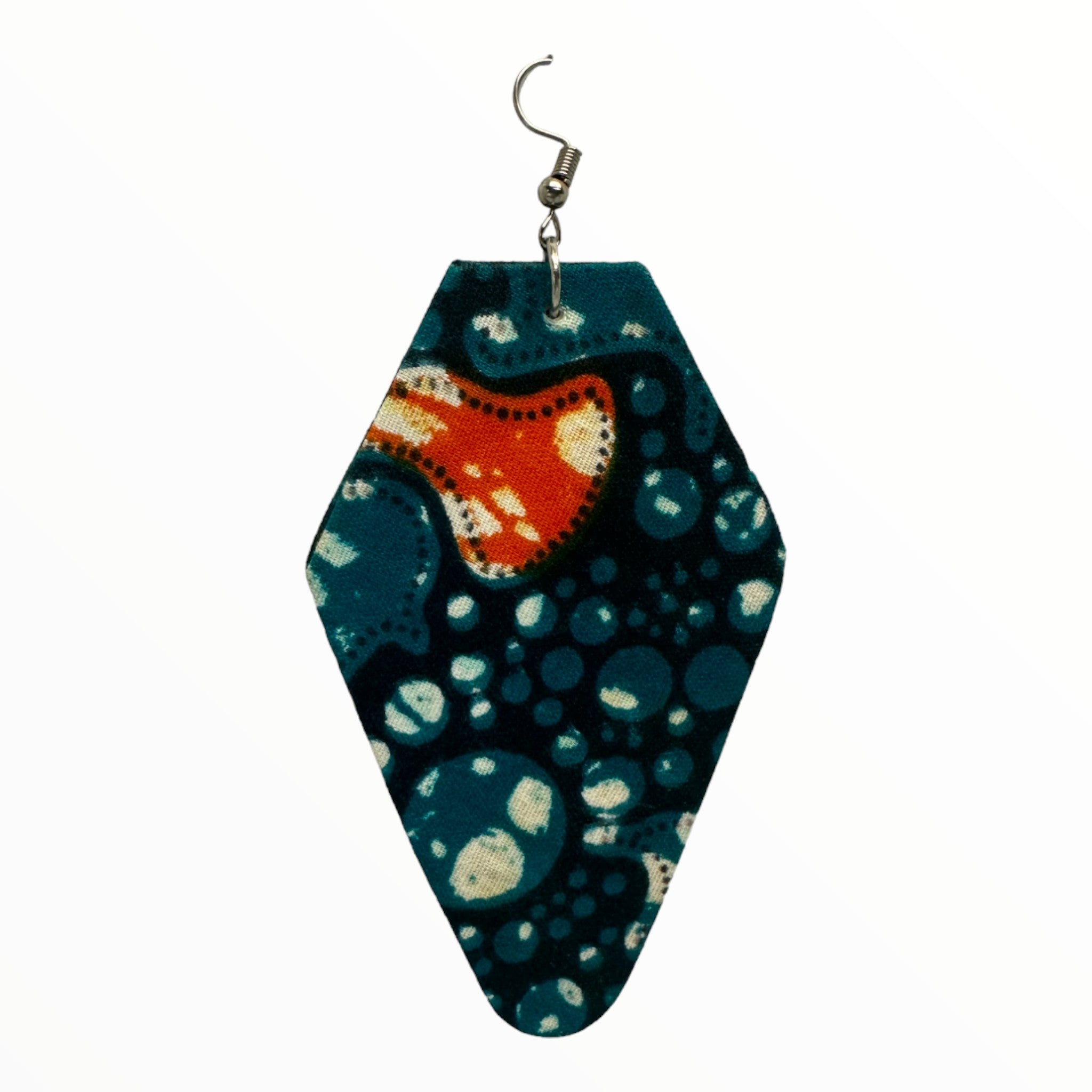 Afrocentric Ankara Fabric Earrings-Convex Polygon Shape (Turquoise and Orange)