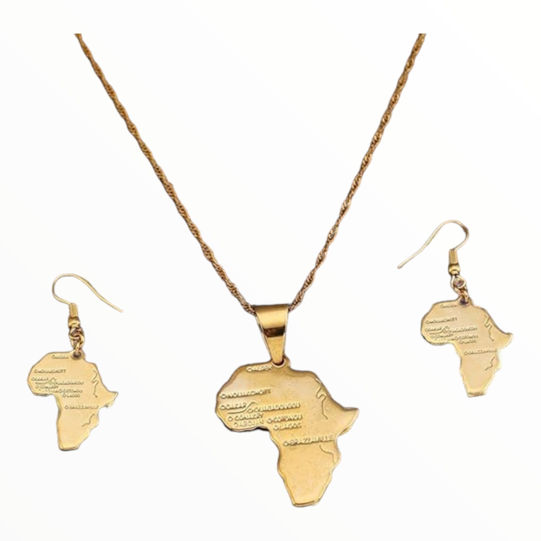 Africa Map Earrings and Necklace Set (Gold)