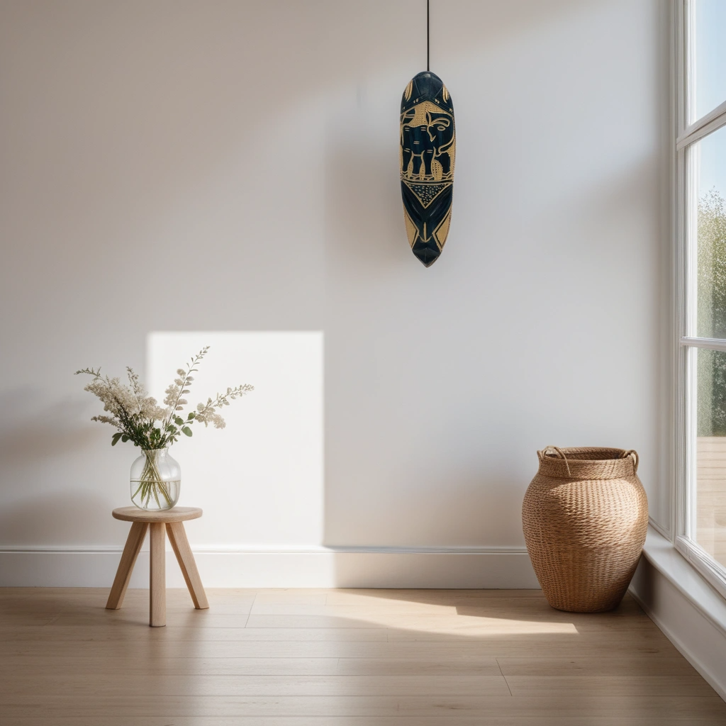 Hand Carved Nigerian Mask 'Elephant' being hung in a room.