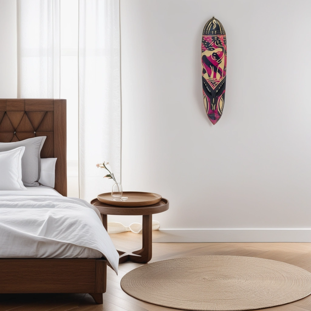 A Nigerian Carved Art mask hung in a room