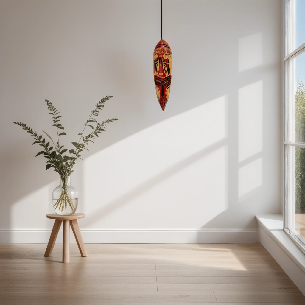 Hand Carved Nigerian Mask 'The Masquerade' on a wall in a room