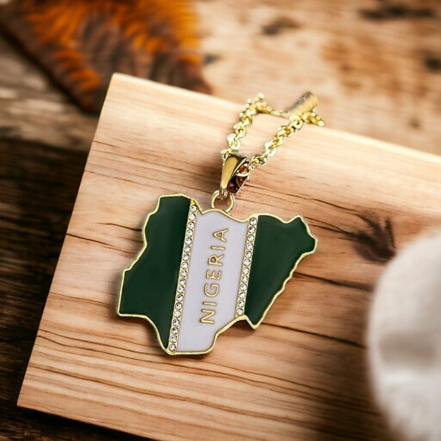 Nigeria Map Necklace (Gold, Green and White)