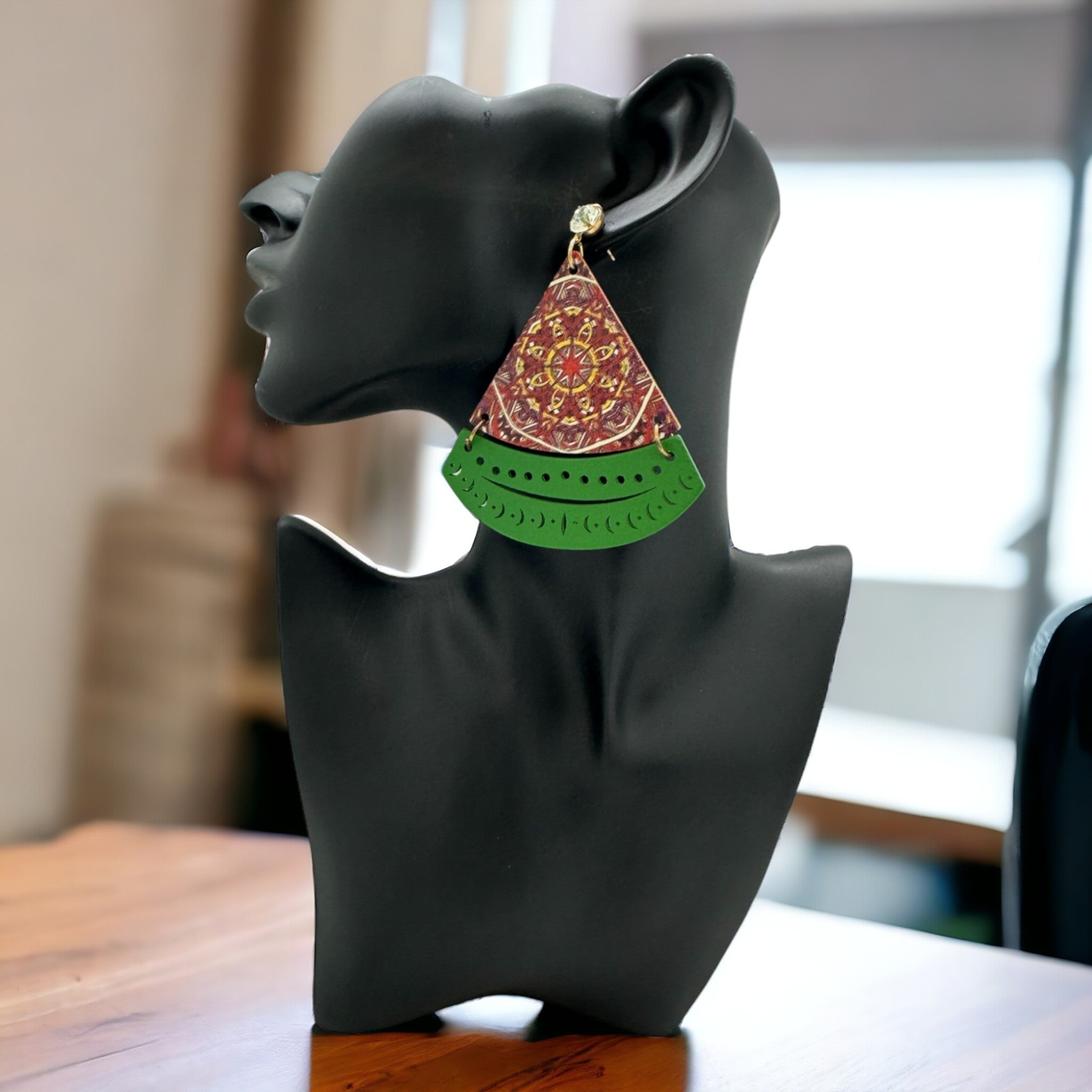 Afrocentric Floral Triangular Earrings (Green)