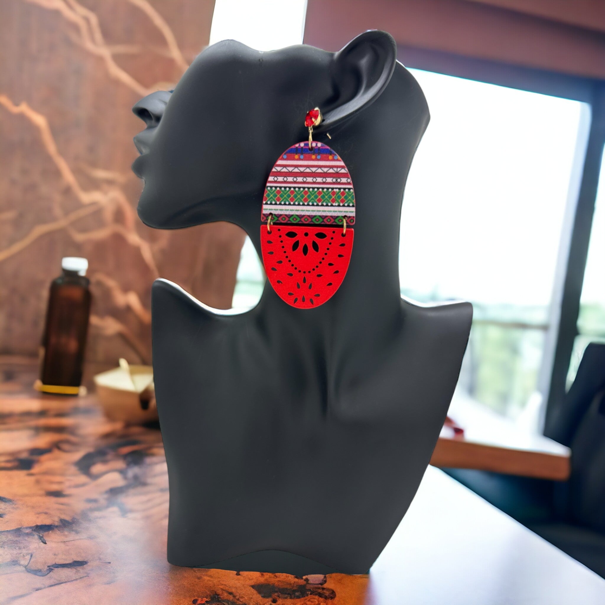 Afrocentric Oval Shape Earrings (Red)