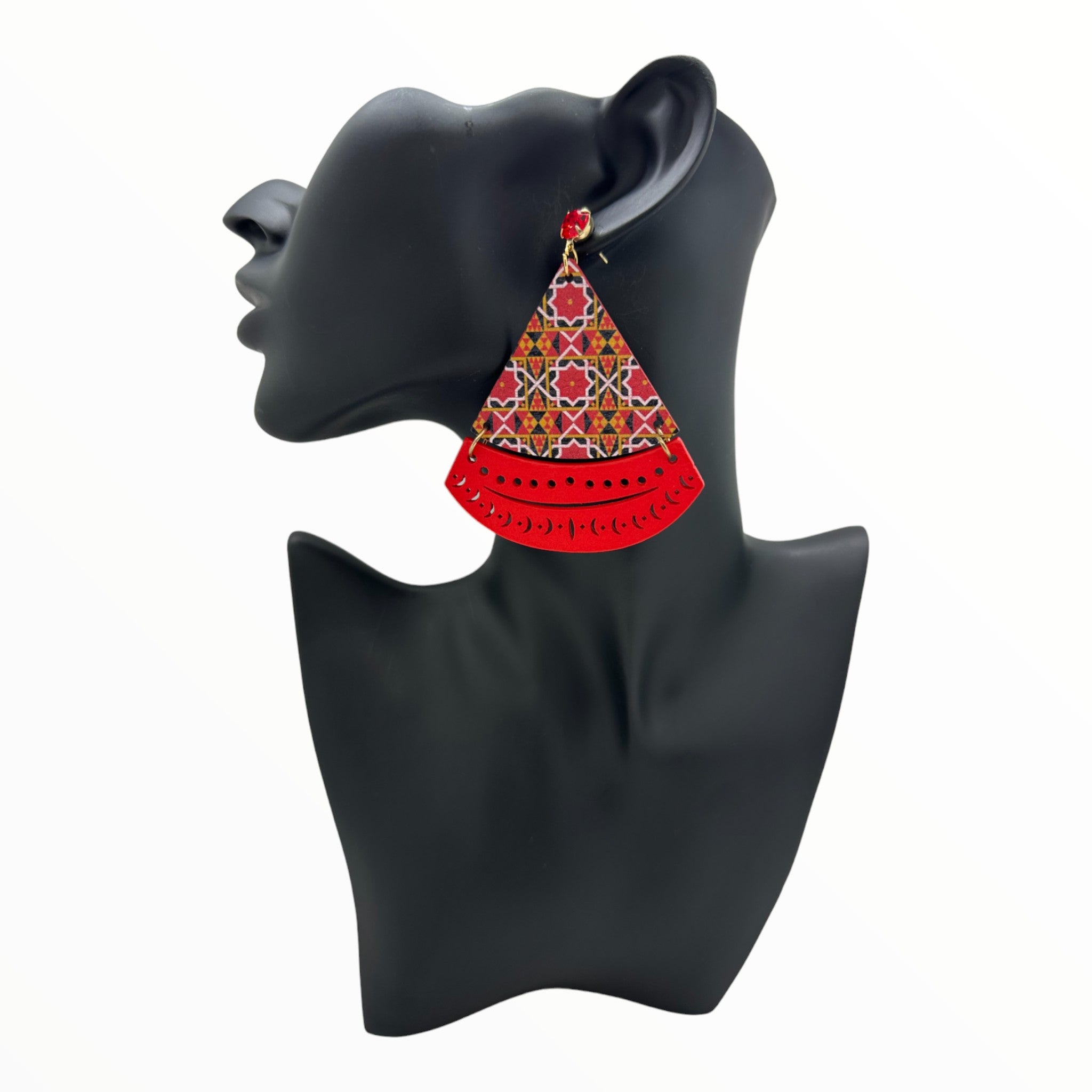 Afrocentric Floral Triangular Earrings (Red)