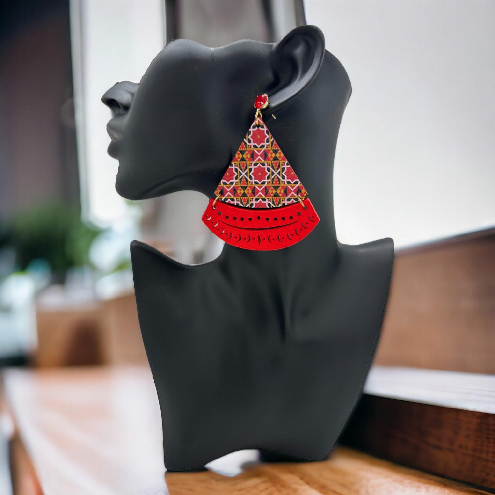 Afrocentric Floral Triangular Earrings (Red)