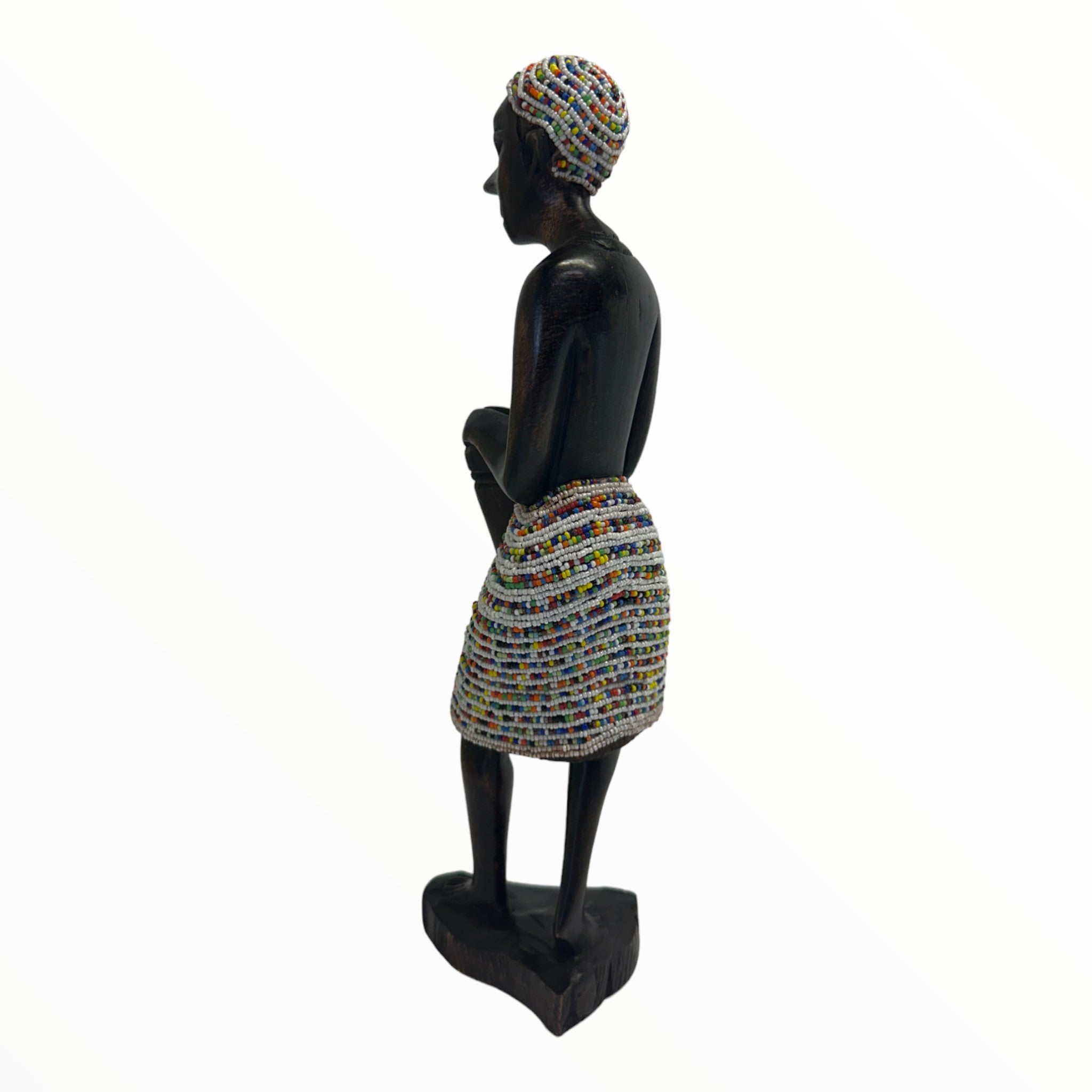 Back view of Standing African Couple wood Carved and Beaded Sculpture - White Variant