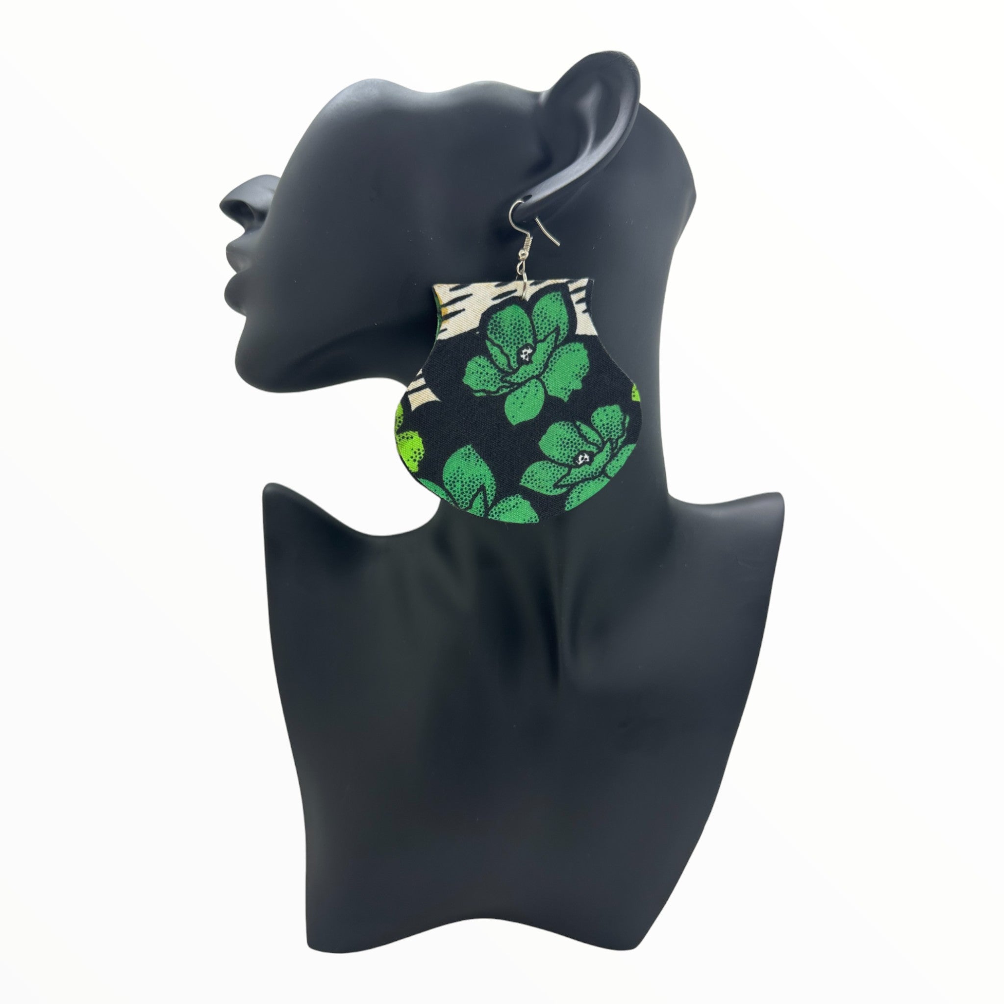 Afrocentric Ankara Fabric Earrings- Vase Shape (Light and Dark Green, Black and White)
