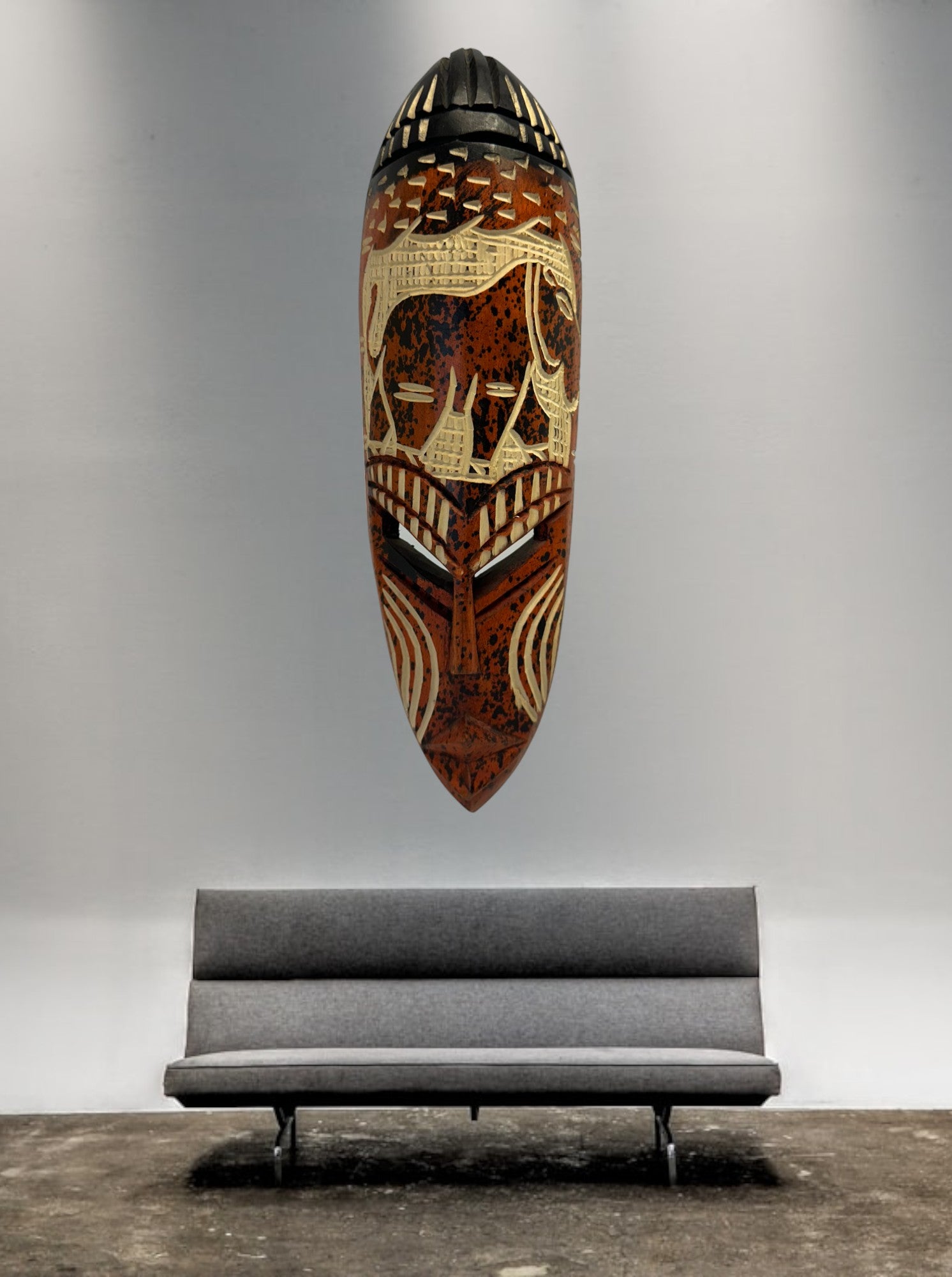 In house setting view of Hand Carved Nigerian Mask 'Spotted Baboon'