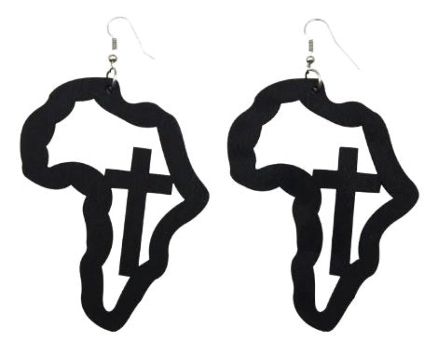 Africa Map-Cross Wooden Drop Earring (Black)