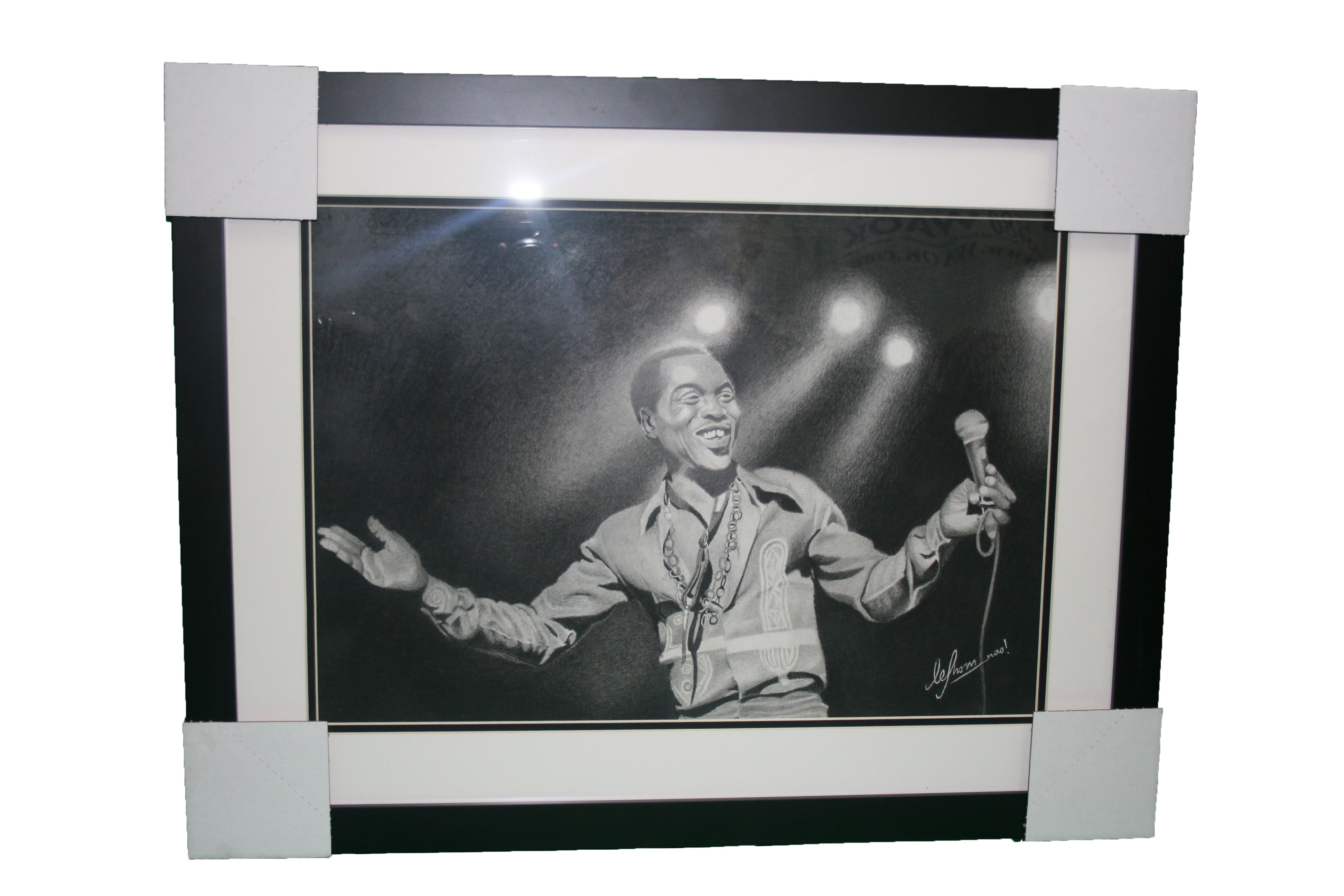 Charcoal portrait painting of Fela Anikulapo Kuti