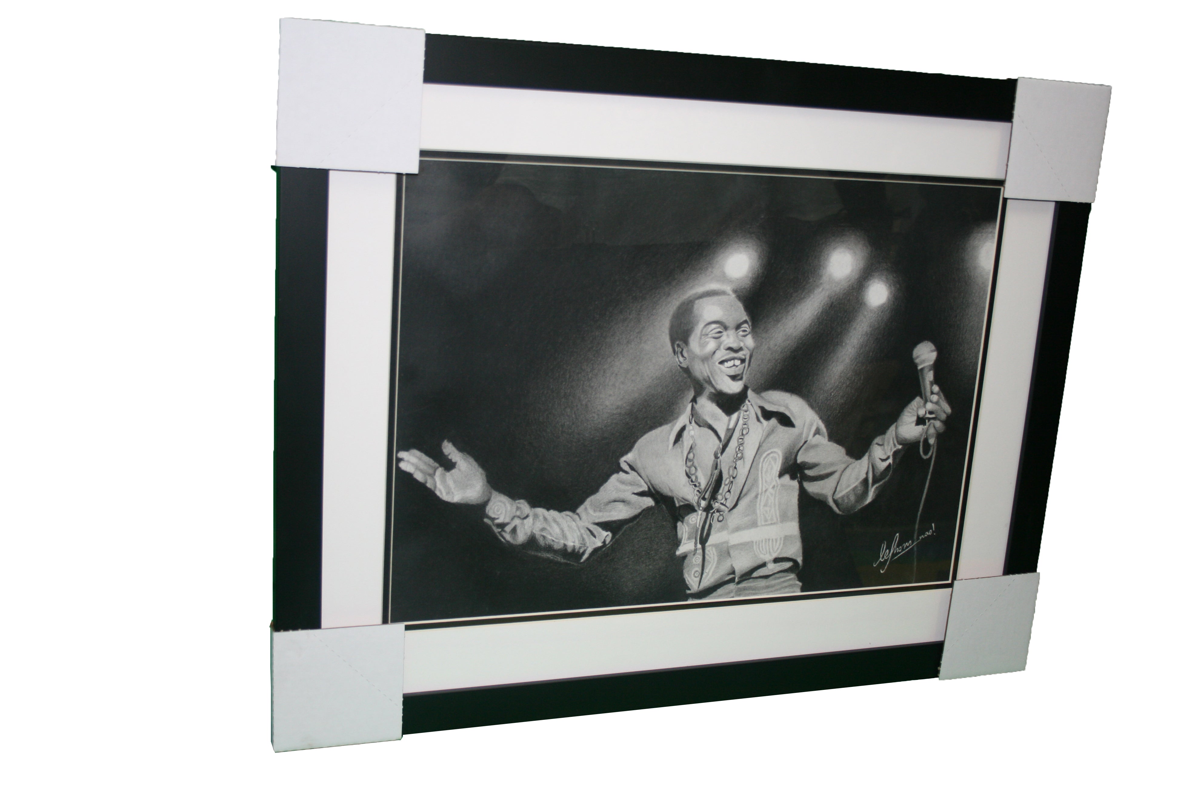 A charcoal portrait painting of Fela Anikulapo Kuti