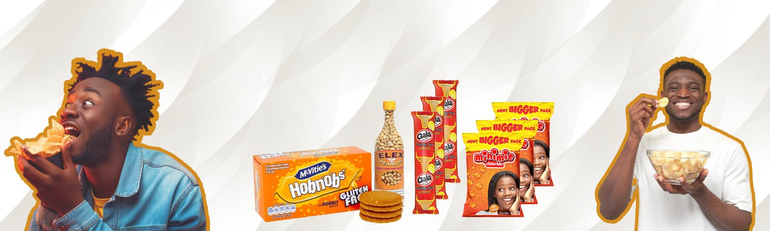 Different Nigerian Groceries like groundnut, chin-chin, biscuits and Gala.