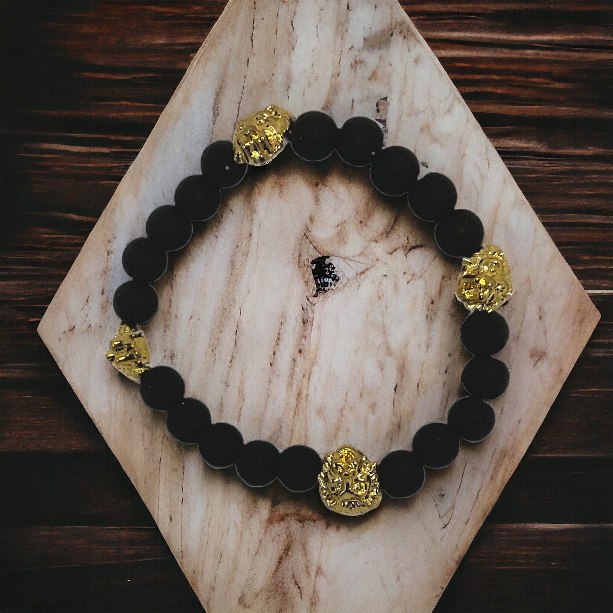 African Black Beaded Bracelet With Four Gold Plates Lion Charm)(Men)