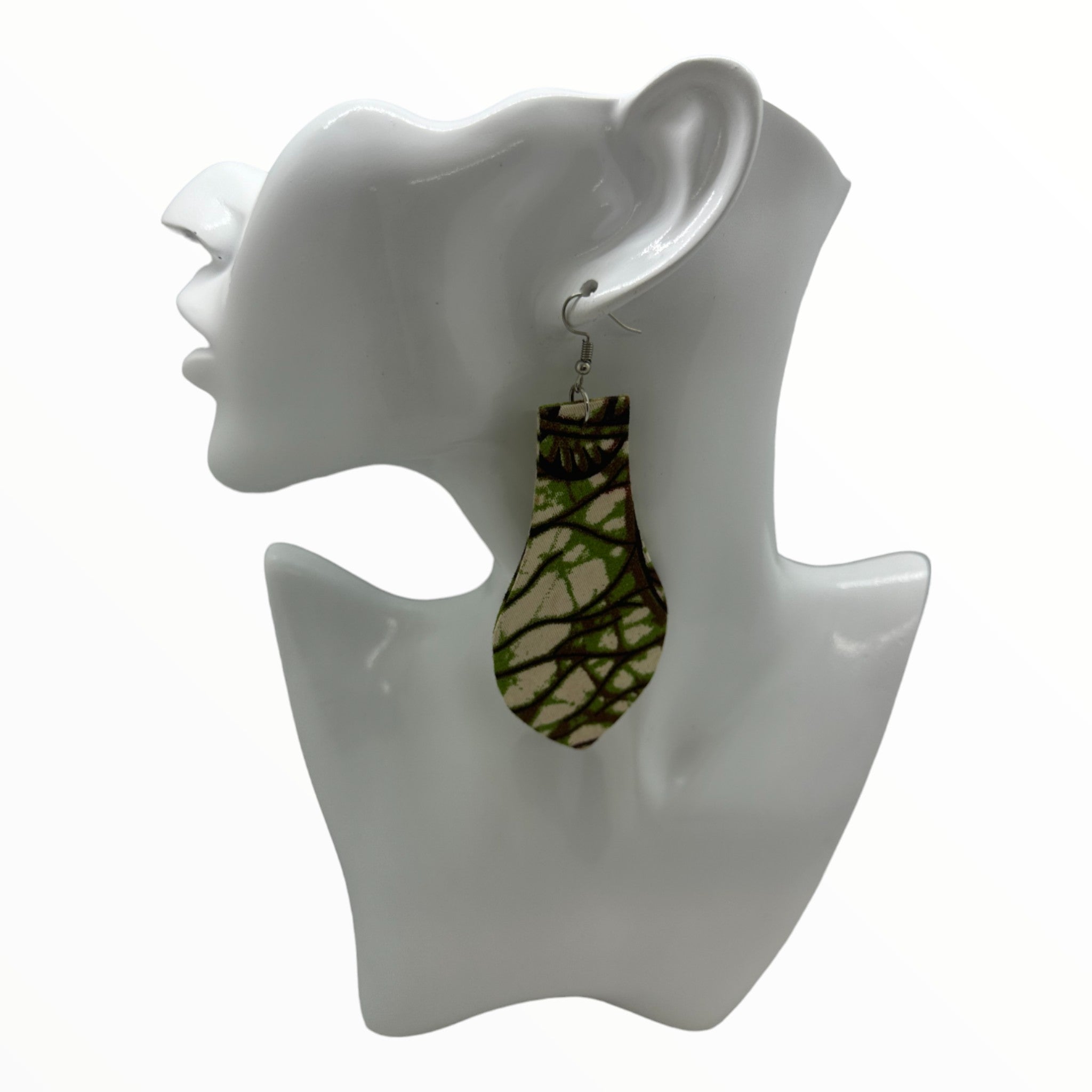 Afrocentric Ankara Fabric Earrings- Light Bulb Shape (brown, cream, green)