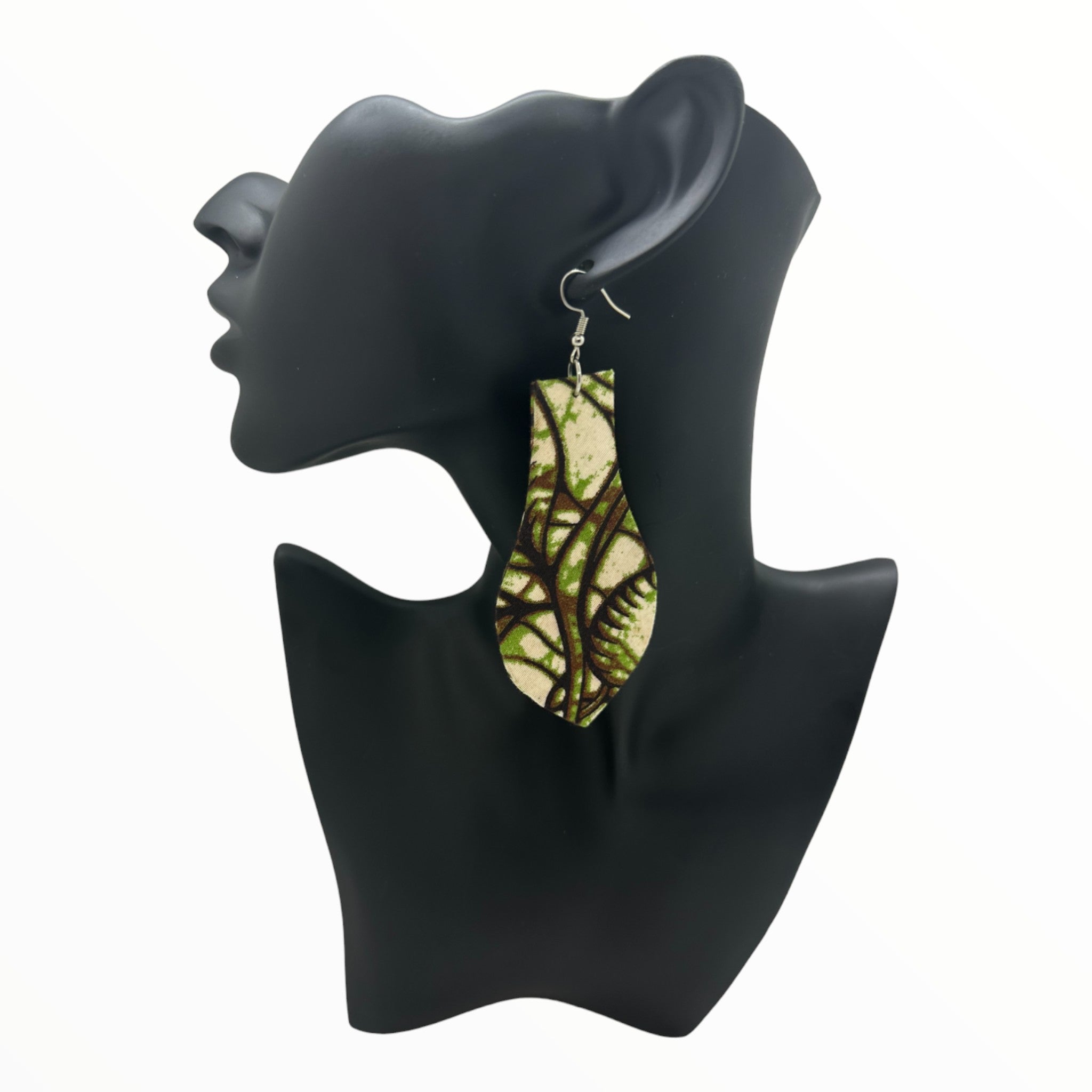 Afrocentric Ankara Fabric Earrings- Light Bulb Shape (brown, cream, green)