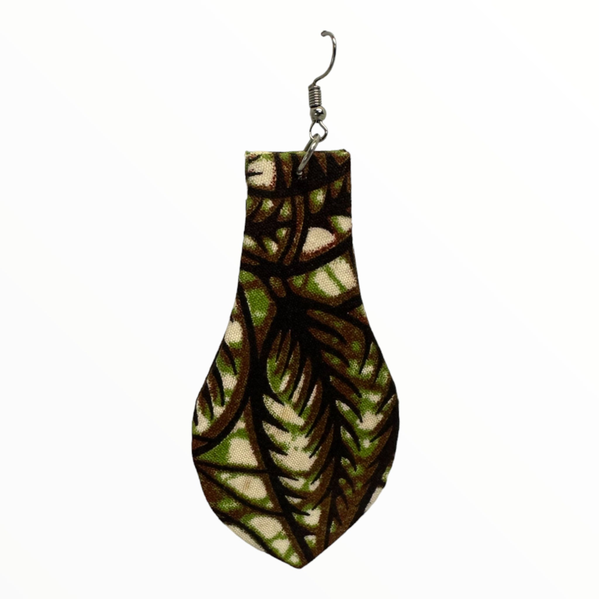 Afrocentric Ankara Fabric Earrings- Light Bulb Shape (brown, cream, green)