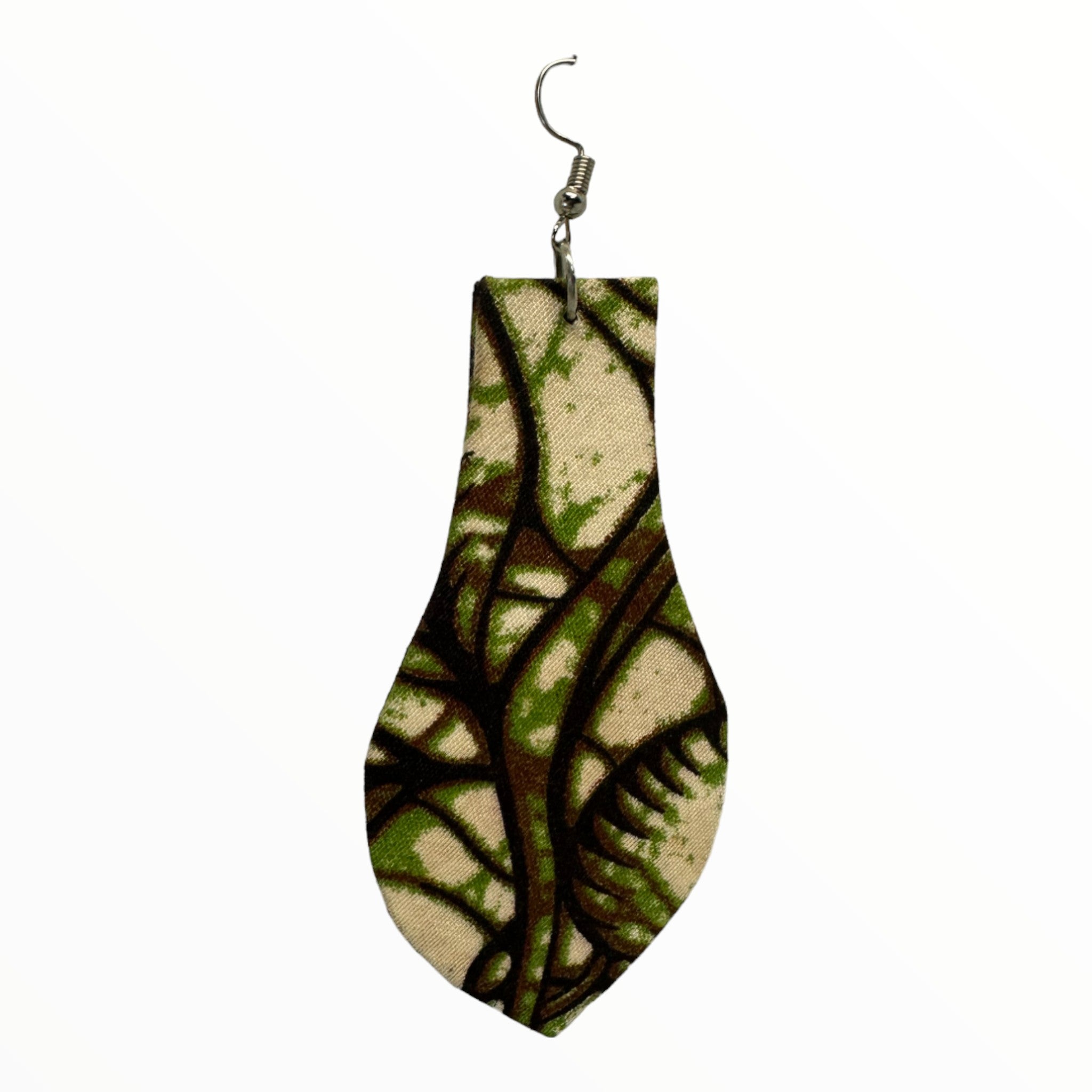 Afrocentric Ankara Fabric Earrings- Light Bulb Shape (brown, cream, green)