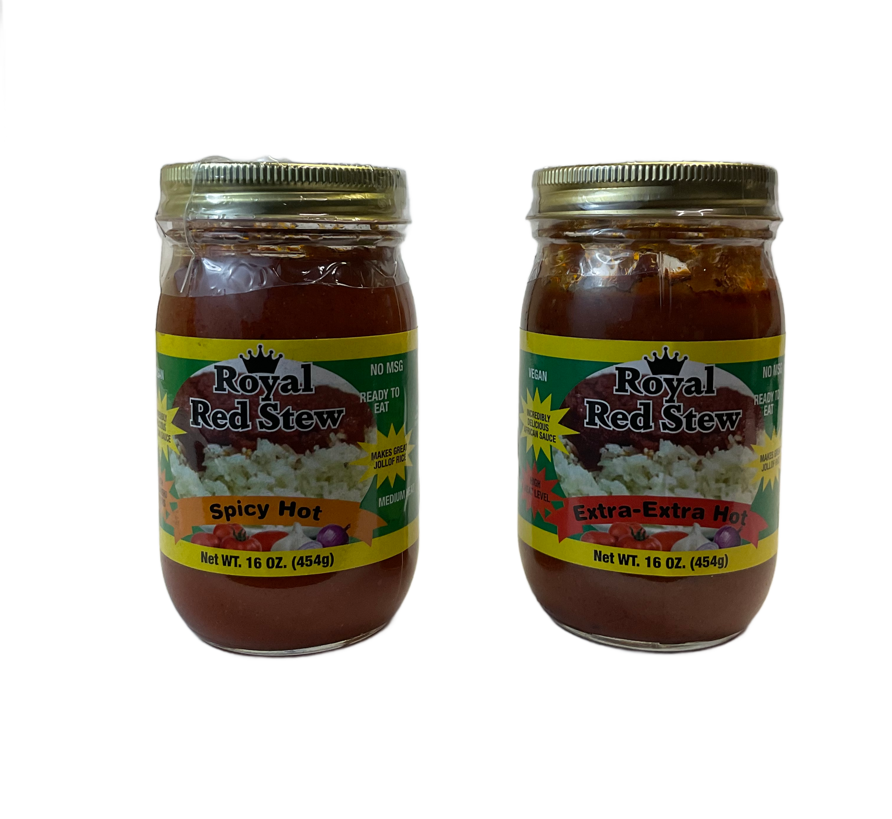 Two containers (Spicy Hot and Extra-extra Hot)of Royal Red Stew in a container