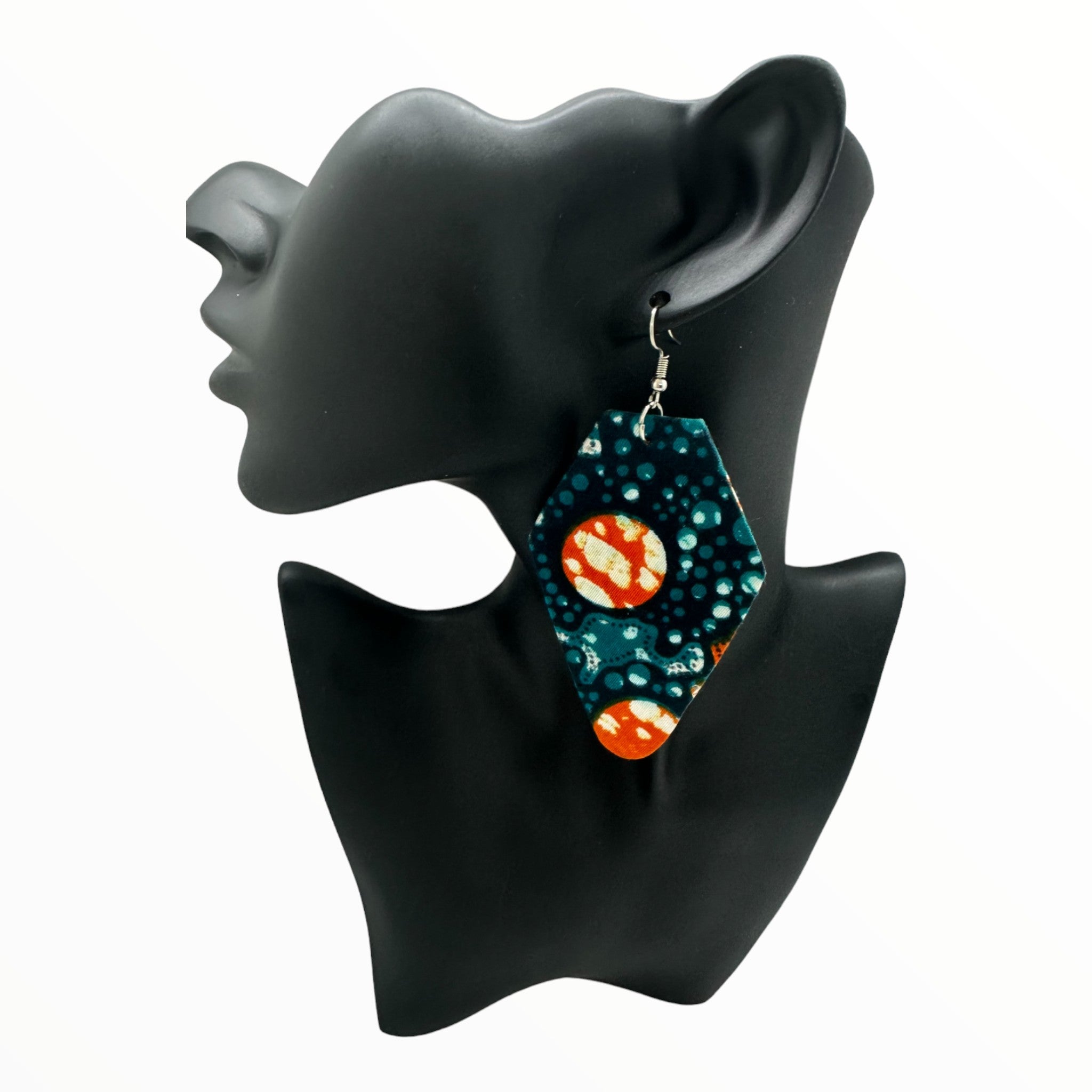 Afrocentric Ankara Fabric Earrings-Convex Polygon Shape (Turquoise and Orange)