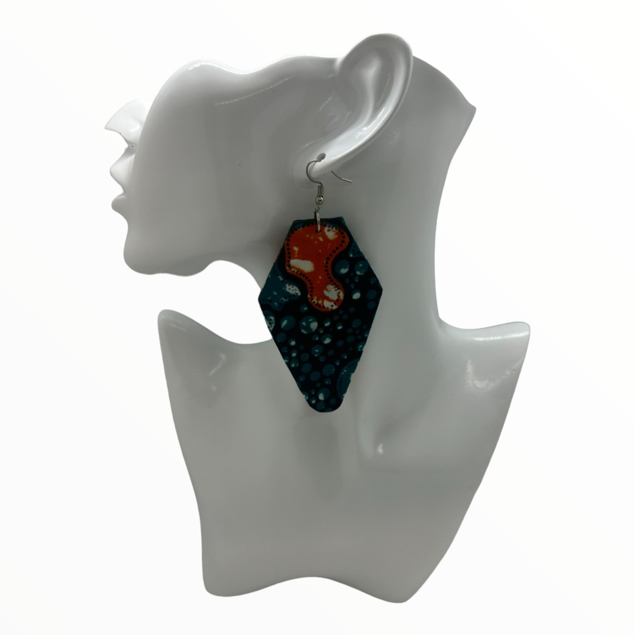 Afrocentric Ankara Fabric Earrings-Convex Polygon Shape (Turquoise and Orange)