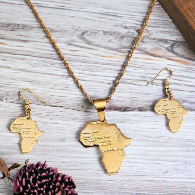 Africa Map Earrings and Necklace Set (Gold)