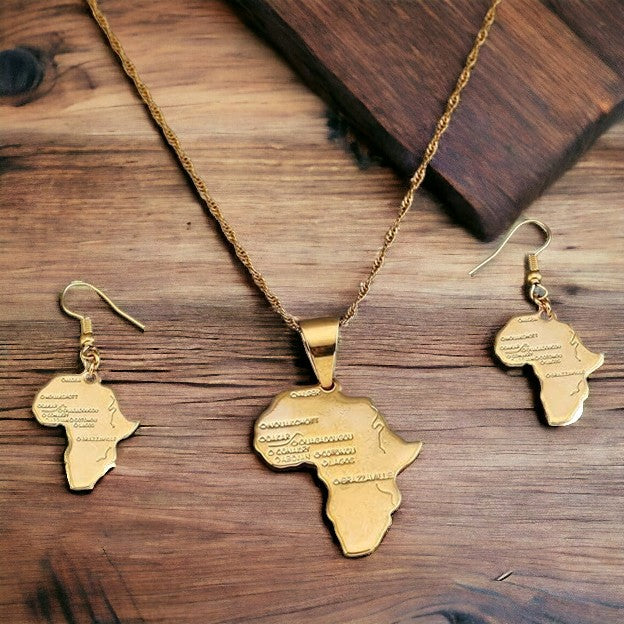 Africa Map Earrings and Necklace Set (Gold)