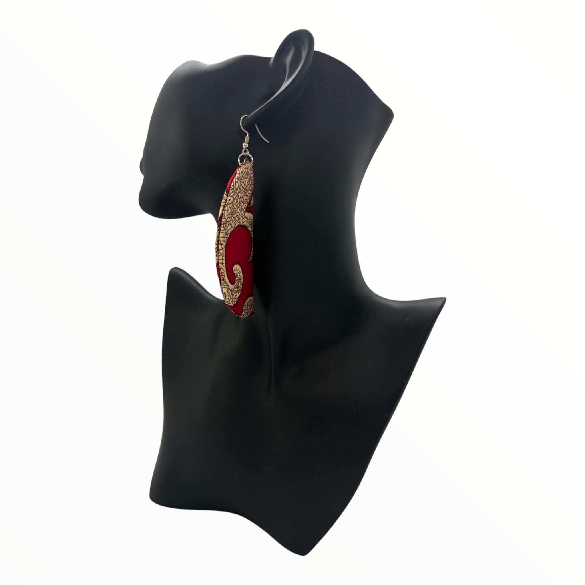 Ankara Printed Fabric Earring- Half Moon Hook (Red)
