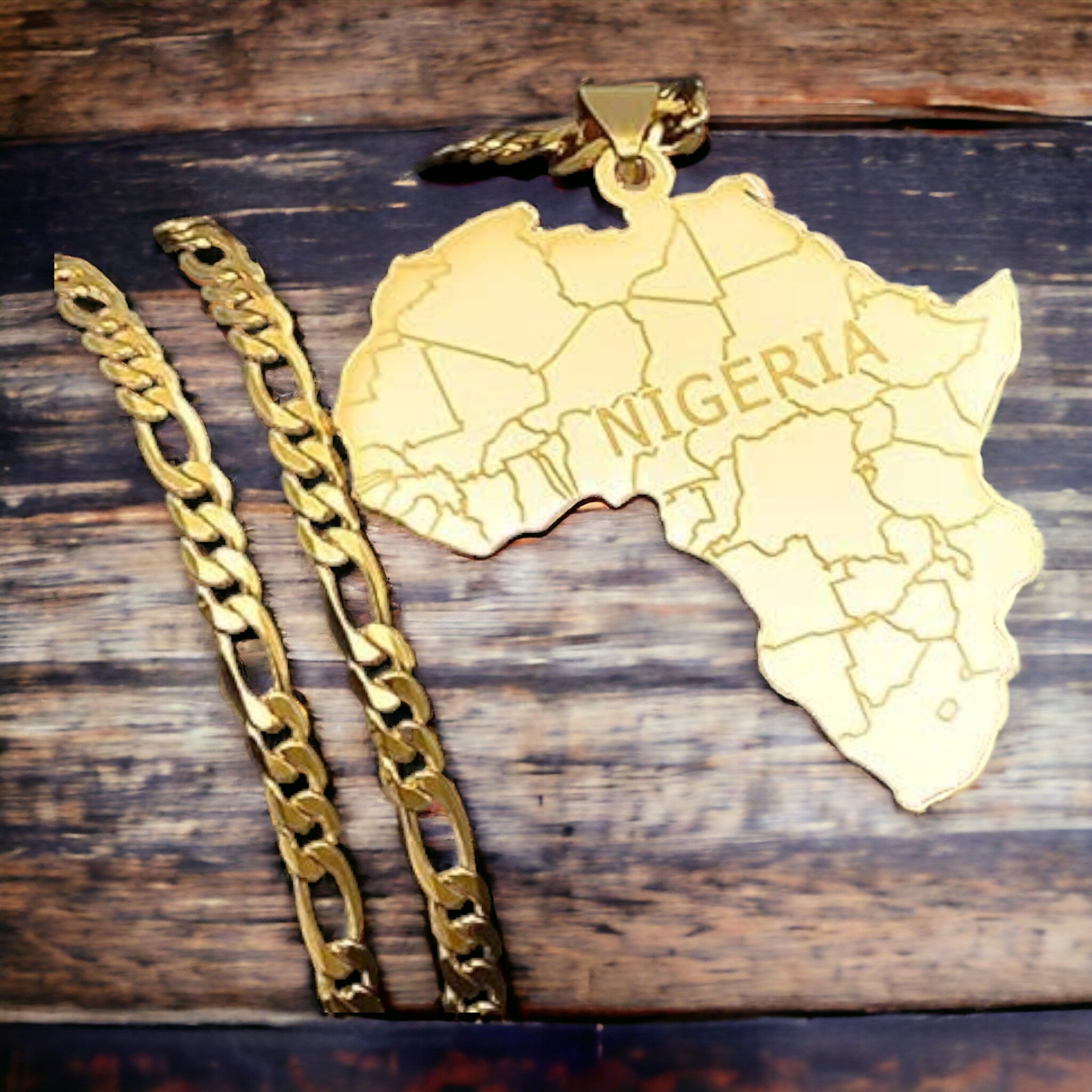Africa Map With Nigeria Pendant Necklace (Gold)