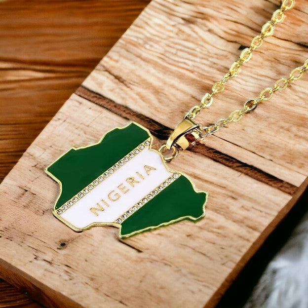 Nigeria Map Necklace (Gold, Green and White)