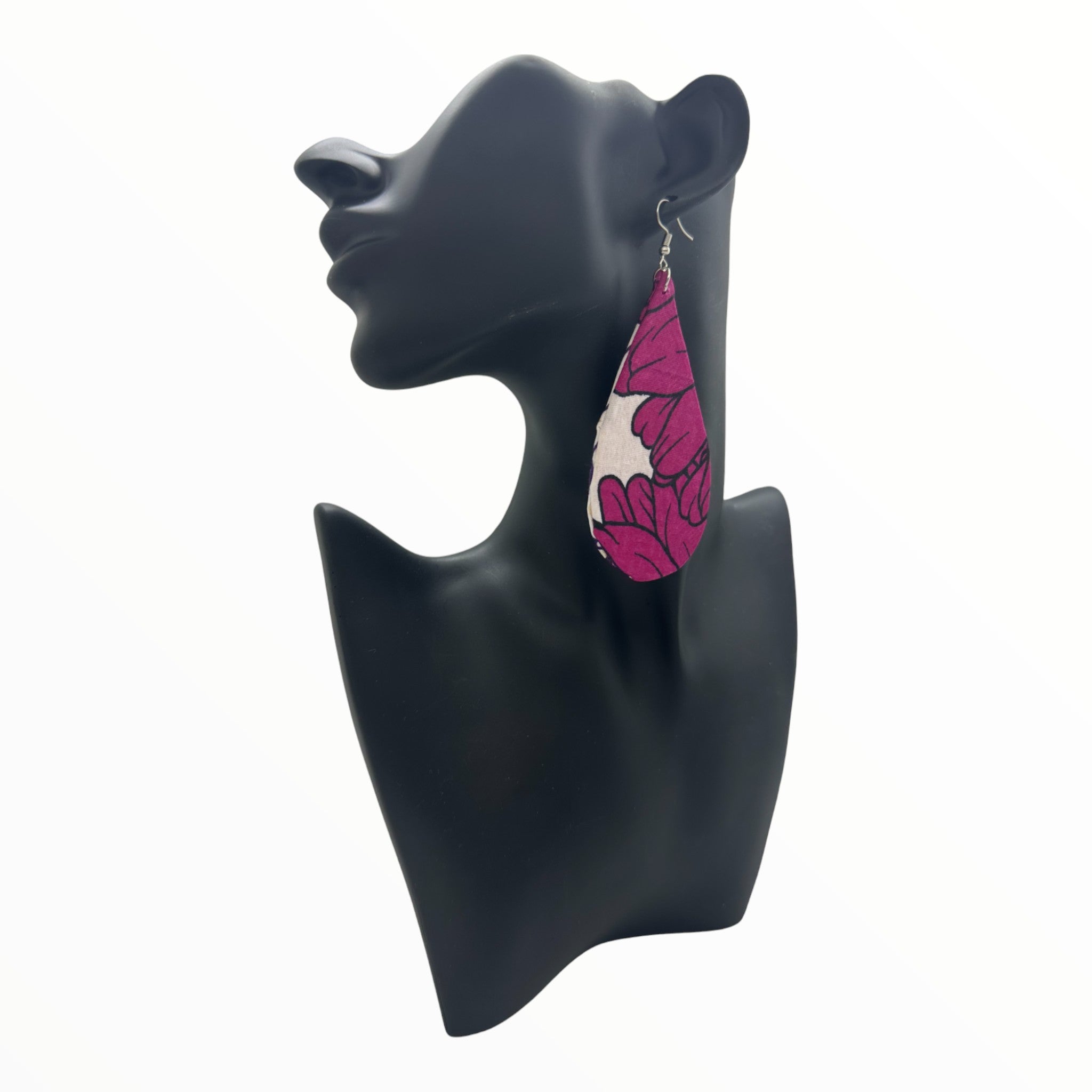 Ankara Printed Fabric Earring- Teardrop Hook (Pink and White)