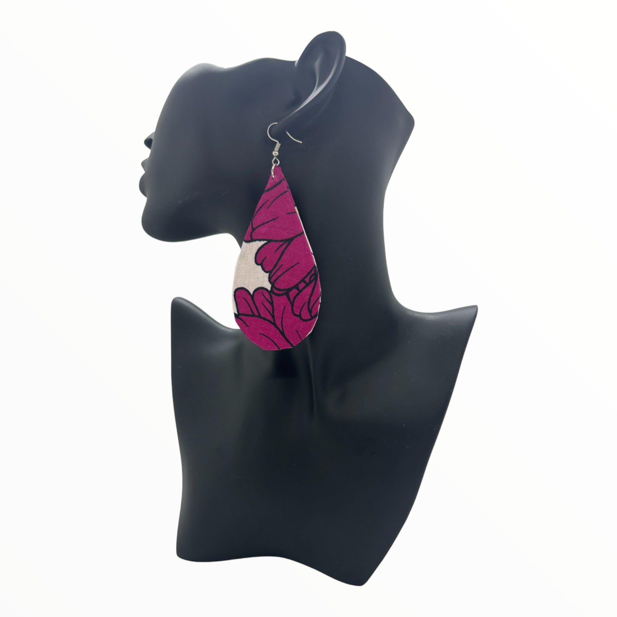 Ankara Printed Fabric Earring- Teardrop Hook (Pink and White)