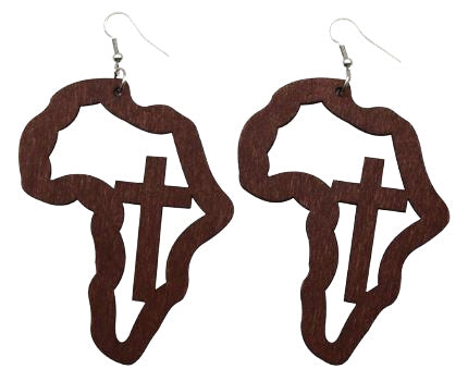 Africa Map-Cross Wooden Drop Earring (Brown)