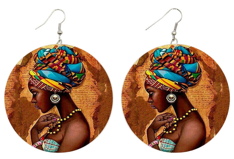 Afrocentric Headwrap Woman Wood Drop Earring (Round)