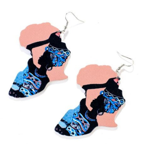 Africa-Tribe Woman Wooden Drop Earring (Pink)